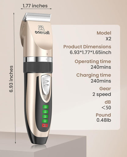 Dog Clippers Low Noise, 2-Speed Quiet Dog Grooming Kit Rechargeable Cordless Pet Hair Clipper Trimmer Shaver for Small and Large Dogs Cats Animals (Gold)