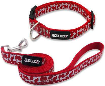 New Year Dog Collar and Leash Set, Adjustable Nylon Collar with Matching Leash for Small Dogs, Foil Printing Dog Bone Pattern, Red